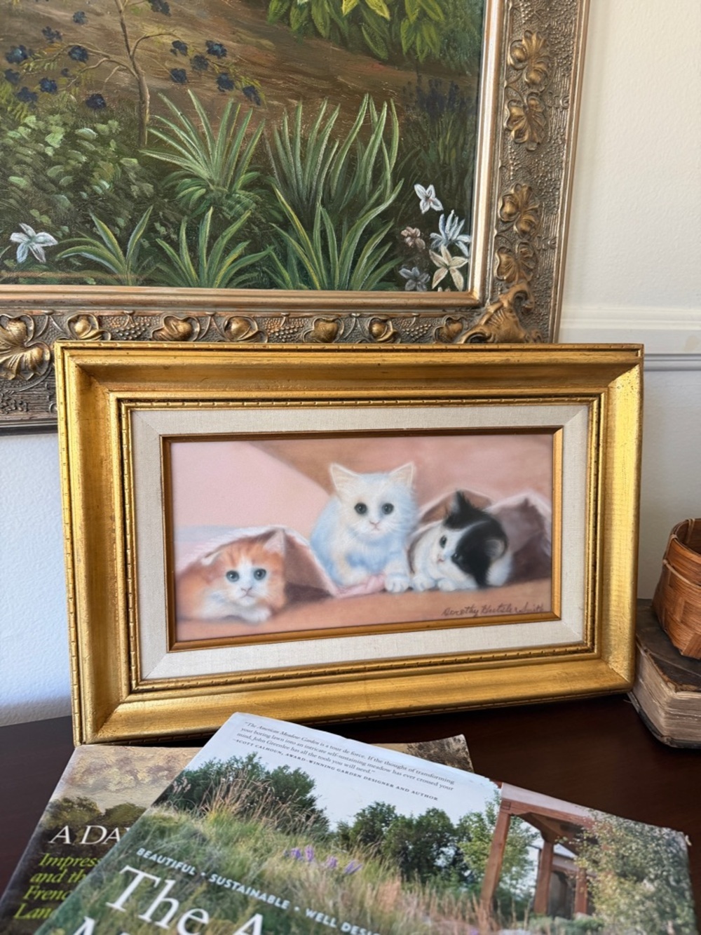 Vintage signed Dorothy Hutsler Kitten painting in Gold Gilded Frame -